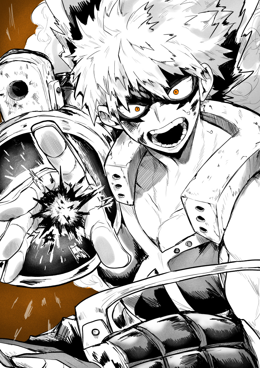 1boy absurdres bakugou_katsuki boku_no_hero_academia brown_background collarbone explosion gloves gradient_background greyscale greyscale_with_colored_background highres looking_at_viewer male_focus mask monochrome open_mouth orange_eyes short_hair solo tears teeth yotsumi_shiro