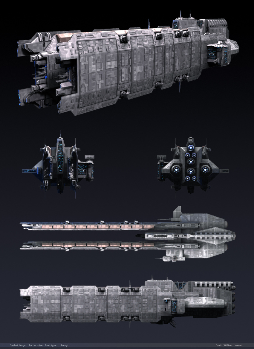 3d absurdres artist_name attack_ship_(eve_online) battlecruiser_(eve_online) caldari_state_(eve_online) commentary concept_art dark_background dlamont eve_online from_side glowing gradient_background grey_theme highres military_vehicle missile_pod multiple_views naga_(eve_online) no_humans radar radio_antenna realistic science_fiction spacecraft thrusters turret vehicle_focus
