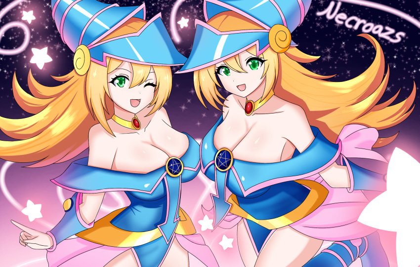 1girl bare_shoulders blonde_hair breasts cleavage dark_magician_girl green_eyes highres large_breasts long_hair looking_at_viewer magic multiple_views non-web_source one_eye_closed open_mouth signature smile yu-gi-oh!