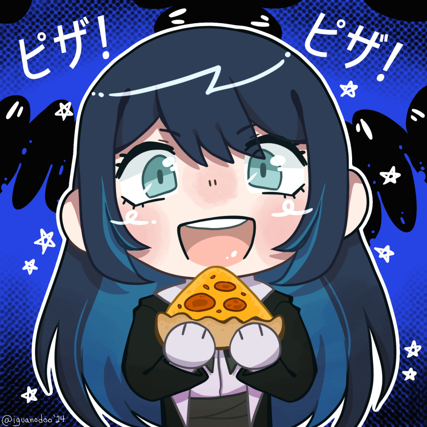 1girl ado_(utaite) black_coat blue_background blue_eyes blue_hair chando_(ado) chibi chicago_deep_dish_pizza cloud_nine_inc coat colored_inner_hair commentary english_commentary food gloves hair_between_eyes highres holding holding_food holding_pizza iguanodoo long_hair long_sleeves looking_at_viewer multicolored_hair open_mouth pizza smile solo star_(symbol) straight-on teeth translated twitter_username upper_body upper_teeth_only white_gloves wish_(ado)