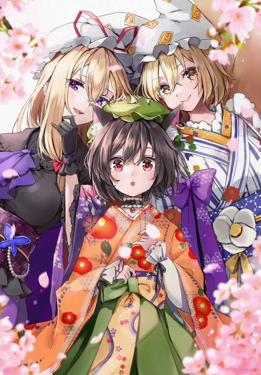3girls alternate_costume animal_ear_fluff animal_ear_piercing animal_ears animal_hat bell black_choker black_gloves blonde_hair blurry blush bow brown_hair cat_ears chen choker closed_mouth clothing_request commentary_request depth_of_field earrings falling_petals floral_print floral_print_kimono flower fox_ears fox_tail frilled_choker frills gloves green_hat hair_bow hat highres japanese_clothes jewelry kimono layered_sleeves leaning_to_the_side long_hair long_sleeves looking_at_viewer mob_cap multiple_girls multiple_tails neck_bell obi open_mouth petals pink_flower pink_petals print_kimono red_bow red_eyes red_ribbon ribbon sash shironeko_yuuki short_hair single_earring smile tail touhou violet_eyes white_hat wide_sleeves yakumo_ran yakumo_yukari yellow_eyes