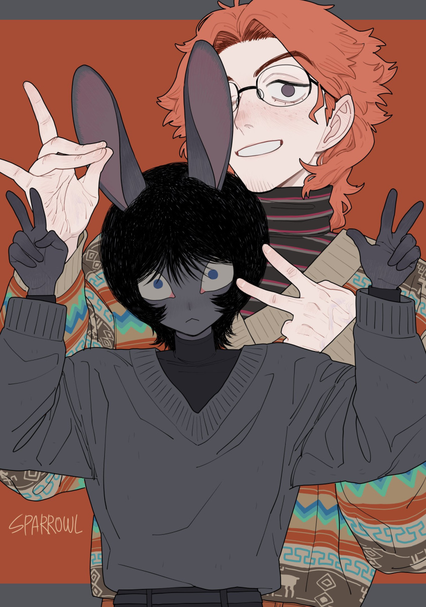 1boy 1girl :&lt; animal_ears artist_name black_hair black_shirt black_sweater blue_eyes body_fur brown_eyes closed_mouth colored_sclera commentary double_v english_commentary facial_hair fox_shadow_puppet freckles glasses goatee_stubble grey_fur grey_sclera grin hands_up highres letterboxed long_sleeves looking_at_viewer monster_girl orange_hair original outside_border rabbit_ears rabbit_girl red_background semi-rimless_eyewear shirt short_hair simple_background sleeves_past_wrists smile sparrowl stubble sweater turtleneck turtleneck_shirt upper_body v