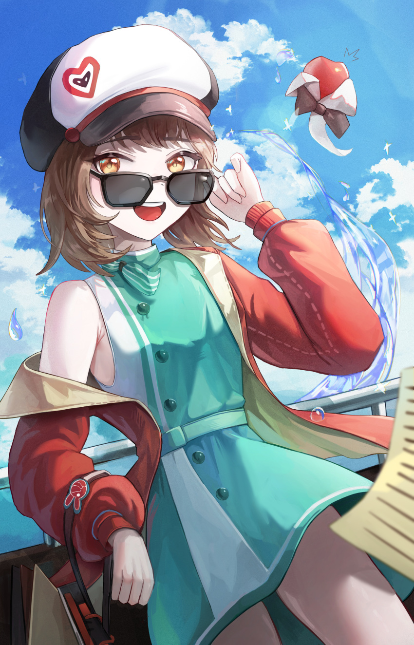 1girl :d absurdres adjusting_eyewear against_railing apple apple_(reverse:1999) aqua_dress aqua_neckerchief backpack bag black_bow black_bowtie blue_sky bolcham bow bowtie brown_hair cabbie_hat clouds coat cowboy_shot day dress food fruit hand_on_eyewear hand_up hat highres holding holding_bag long_sleeves looking_at_viewer looking_over_eyewear neckerchief open_clothes open_coat orange_eyes paper railing red_coat regulus_(reverse:1999) reverse:1999 short_dress short_hair single_bare_shoulder single_off_shoulder sky sleeveless sleeveless_dress smile solo sunglasses teeth traditional_bowtie upper_teeth_only water