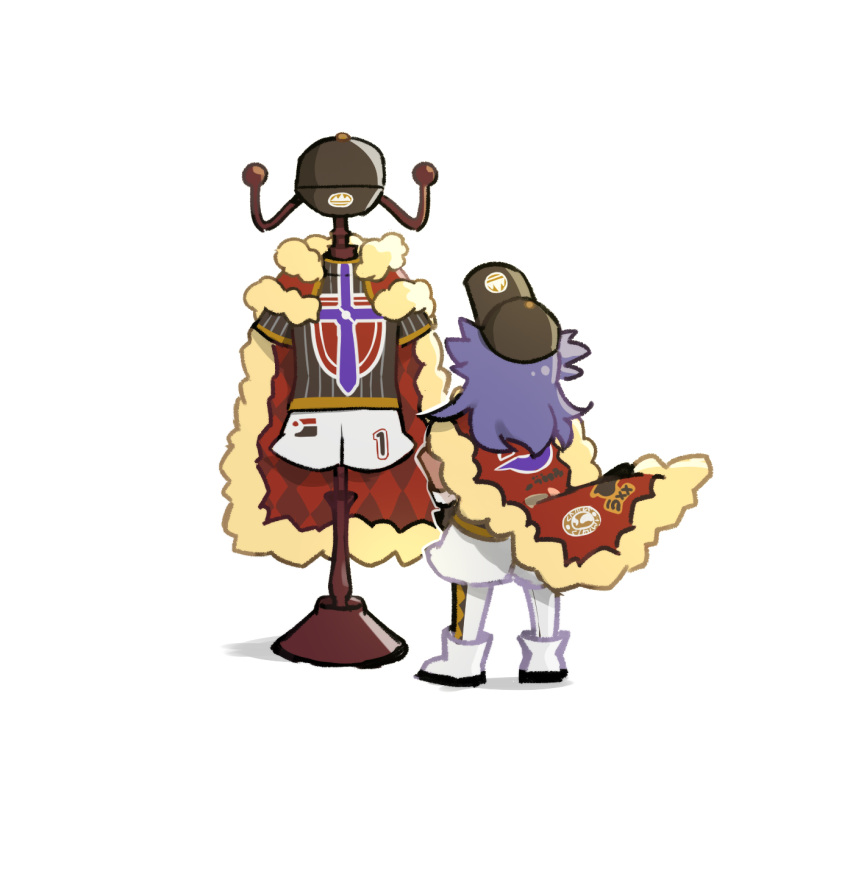 1boy black_hat cape champion_uniform chibi clothes_rack commentary_request from_behind hat highres leggings leon_(pokemon) long_hair male_focus pokemon pokemon_swsh purple_hair red_cape shirt shoes shorts solo white_background white_footwear white_leggings yunoru