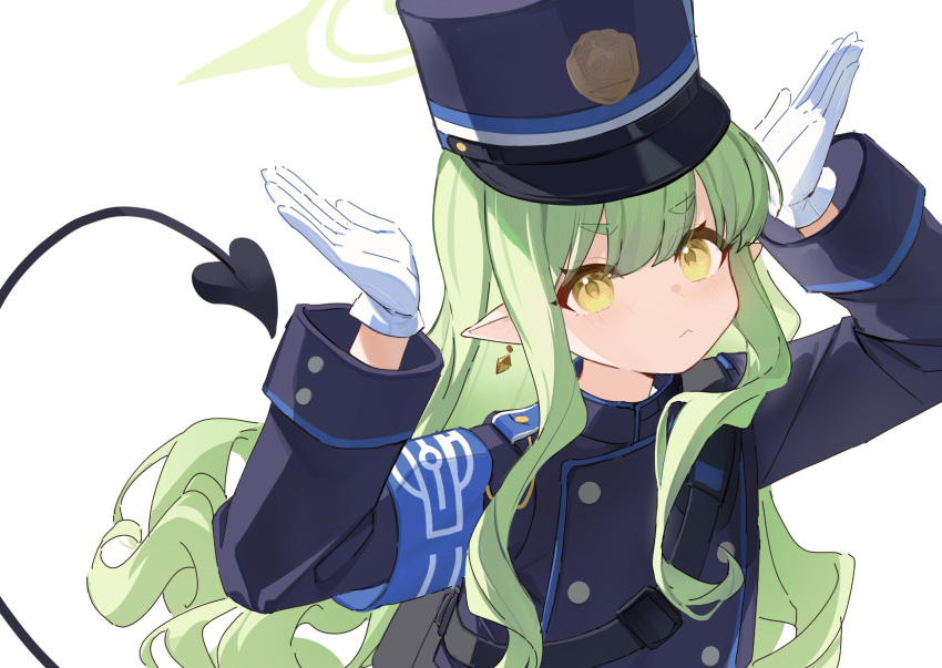 1girl :&lt; armband black_jacket blue_archive blue_armband blue_hat blush buttoned_cuffs buttons collared_jacket demon_tail double-breasted earrings gloves green_hair hair_between_eyes halo hat highlander_sidelocks_conductor_(blue_archive) highres jacket jewelry long_hair long_sleeves looking_at_viewer miebao pointy_ears rabbit_pose shako_cap shoulder_boards sidelocks simple_background sleeve_cuffs solo tail upper_body v-shaped_eyebrows wavy_hair white_background white_gloves yellow_eyes