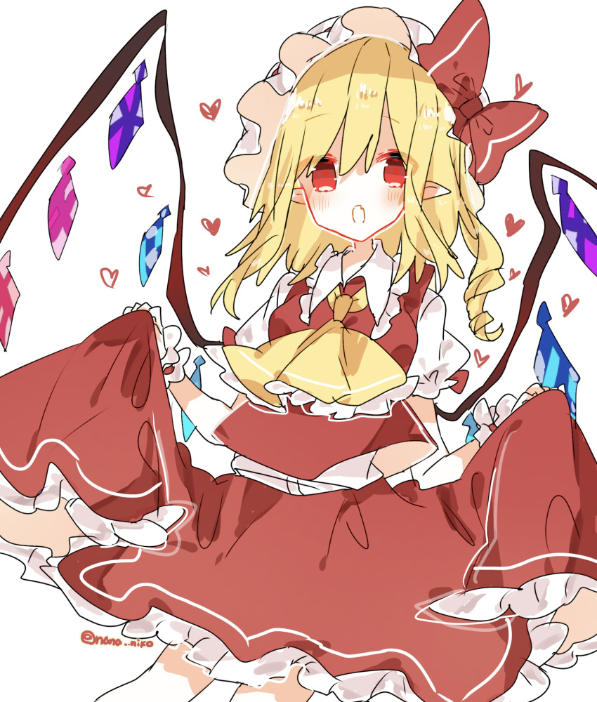 1girl ascot blonde_hair clothes_lift cowboy_shot crystal_wings flandre_scarlet heart highres looking_at_viewer nishiki1225 open_mouth pointy_ears red_eyes short_hair side_ponytail simple_background skirt skirt_lift touhou white_background white_mob_cap wrist_cuffs yellow_ascot