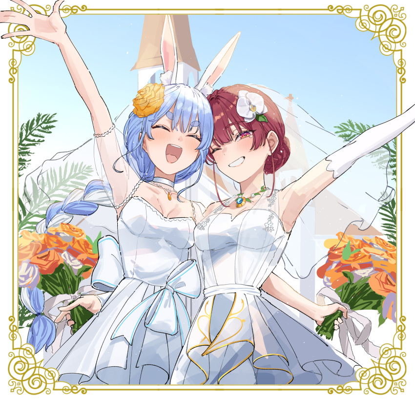 2girls animal_ear_fluff animal_ears blue_hair blush bouquet braid braided_ponytail breasts bridal_veil bride commentary dress flower heterochromia highres holding holding_bouquet hololive houshou_marine jewelry long_hair mature_female multicolored_hair multiple_girls open_mouth pekomama rabbit_ears rabbit_girl red_eyes redhead shino_12a short_eyebrows symbol-only_commentary thick_eyebrows veil virtual_youtuber wedding_dress white_dress white_hair yellow_eyes