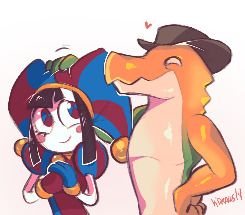 1boy 1girl asymmetrical_gloves blue_eyes blue_gloves blush_stickers brown_hat clown cowboy_hat crocodile_boy crocodilian_tail furry furry_male gloves gummigoo hand_on_own_chest hand_on_own_hip hands_on_another's_head happy hat hat_bell headpat height_difference highres jester jester_cap jester_costume karladraws14 lizardman looking_at_another mismatched_gloves multicolored_clothes multicolored_hat own_hands_together petite pomni_(the_amazing_digital_circus) puffy_short_sleeves puffy_sleeves red_eyes red_gloves short_hair short_sleeves sideways_glance smile solo striped_clothes striped_headwear tail the_amazing_digital_circus two-tone_eyes upper_body vertical-striped_bodysuit vertical-striped_clothes vertical-striped_headwear