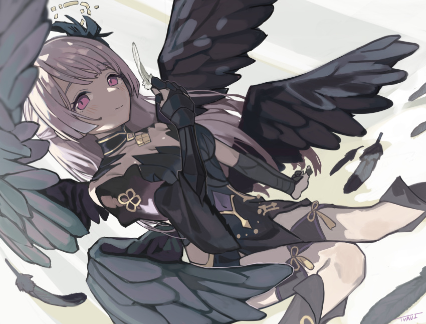 1girl absurdres armored_gloves breasts broken_halo closed_mouth clothing_cutout feathered_wings feathers halo highres lily_(fallen)_(princess_connect!) lily_(princess_connect!) navel_cutout princess_connect! purple_hair solo tyaui_(xjju4435) violet_eyes wings