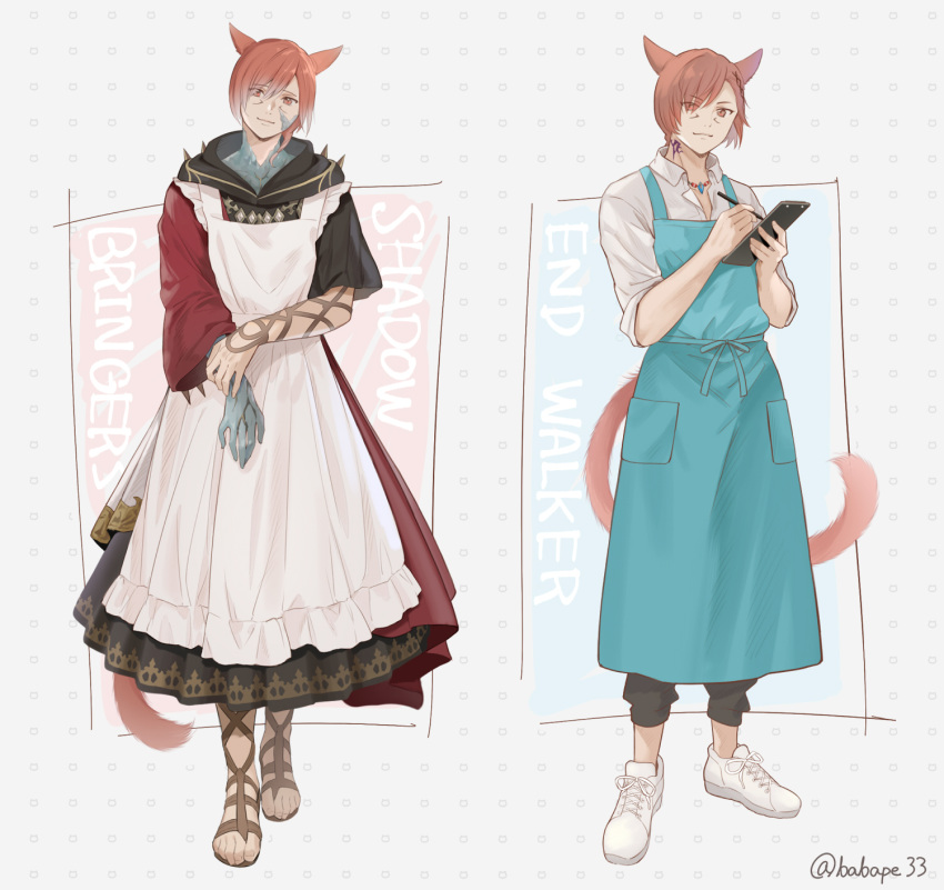 1boy alternate_costume animal_ears apron archon_mark babape black_pants black_robe blue_apron brown_footwear cat_boy cat_ears cat_tail clipboard collared_shirt crystal crystal_exarch crystallization facial_mark final_fantasy final_fantasy_xiv frilled_apron frills full_body g'raha_tia gladiator_sandals hair_ornament highres holding holding_clipboard holding_pen hood hood_down hooded_robe jewelry looking_at_viewer male_focus material_growth miqo'te multiple_views neck_tattoo necklace pants pants_rolled_up pen red_eyes redhead robe sandals shirt shoes short_hair signature simple_background smile sneakers standing swept_bangs tail tattoo toeless_footwear twitter_username uniform white_apron white_background white_footwear white_shirt x_hair_ornament