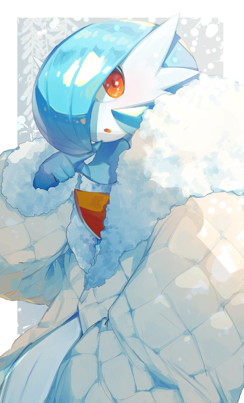 alternate_color blue_hair bob_cut chikichi coat colored_skin fur-trimmed_coat fur_trim gardevoir hair_over_one_eye highres looking_at_viewer multicolored_skin open_mouth orange_eyes pokemon pokemon_(creature) shiny_pokemon two-tone_skin white_skin winter_clothes winter_coat