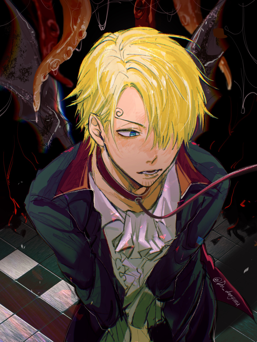 1boy absurdres alternate_costume ascot beard_stubble black_background black_suit blonde_hair blue_eyes collar commentary curly_eyebrows dongju_azuma facial_hair fangs from_above hair_over_one_eye highres kneeling leash long_bangs long_sleeves looking_down male_focus one_piece open_mouth red_collar sanji_(one_piece) short_hair stubble suit symbol-only_commentary tentacles twitter_username viewer_holding_leash