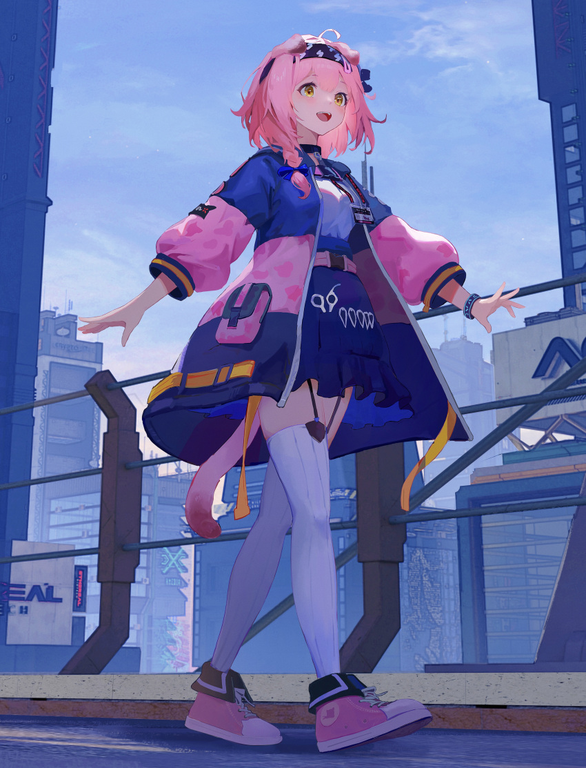 1girl :d absurdres ahoge animal_ears arknights belt black_bow black_collar black_hairband blue_bow blue_jacket blue_skirt blue_sky bohe_midiexiang bow bracelet braid breasts building cat_ears cat_girl cat_tail cityscape collar commentary_request from_below garter_straps goldenglow_(arknights) hair_bow hair_ornament hairband hairclip high-waist_skirt highres id_card jacket jewelry lightning_bolt_print long_hair looking_ahead medium_breasts multicolored_clothes multicolored_jacket open_clothes open_jacket open_mouth outdoors outstretched_arms pink_belt pink_footwear pink_hair pink_jacket pleated_skirt pocket scissors shirt side_braid single_braid skirt sky skyscraper sleeves_past_elbows smile solo tail teeth thigh-highs upper_teeth_only walking white_shirt white_thighhighs yellow_eyes