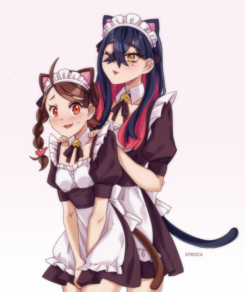 2girls :d ;3 animal_ears apron artist_name bell black_dress black_hair blush braid brown_eyes brown_hair carmine_(pokemon) cat_ears cat_tail crossed_bangs dress english_commentary eyelashes hair_between_eyes hands_on_another's_shoulders highres juliana_(pokemon) long_hair looking_at_viewer maid maid_apron maid_headdress mole mole_under_eye multiple_girls neck_bell one_eye_closed open_mouth pokemon pokemon_sv redhead single_braid smile symoca tail white_background yellow_eyes