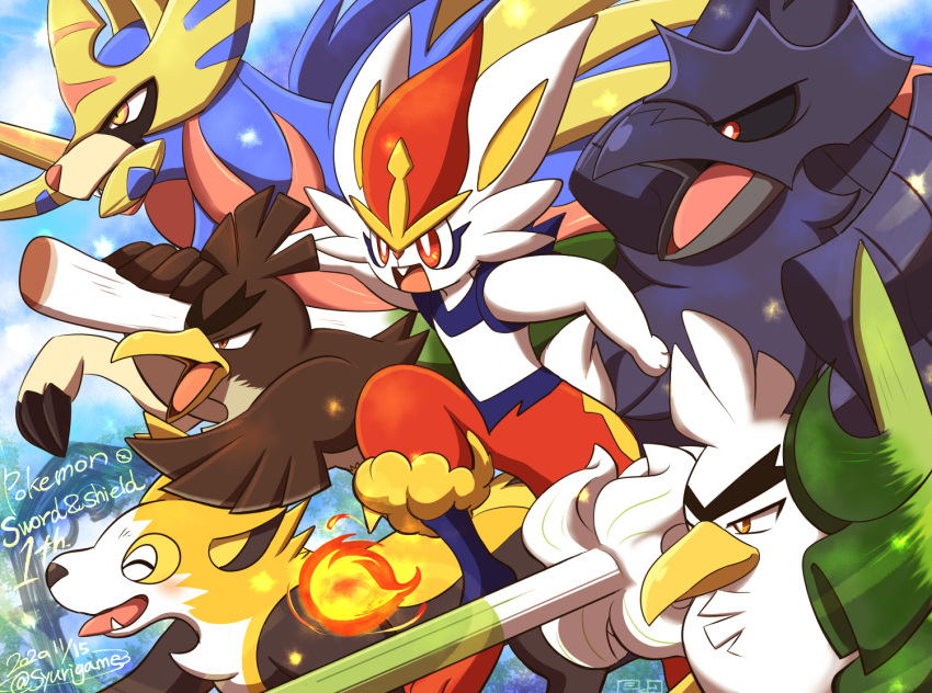 black_sclera blue_background boltund bright_pupils buck_teeth cinderace colored_sclera corviknight food galarian_farfetch'd holding holding_food holding_vegetable looking_ahead mouth_hold no_humans one_eye_closed open_mouth outdoors pokemon pokemon_(creature) pokemon_swsh red_eyes shuri_(syurigame) sirfetch'd teeth thick_eyebrows tongue tongue_out v-shaped_eyebrows vegetable white_pupils zacian