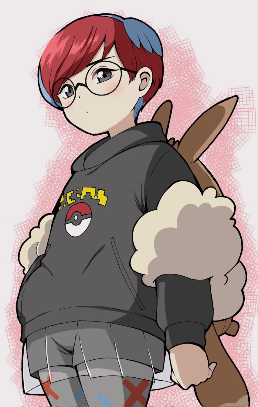 1girl backpack bag black_hair black_sweater blue_hair brown_bag character_backpack commentary_request eevee emapippi glasses grey_leggings grey_shorts highres leggings leggings_under_shorts multicolored_hair penny_(pokemon) pleated_skirt poke_ball_print pokemon pokemon_sv print_sweater red_background redhead round_eyewear see-through see-through_skirt short_hair shorts skirt solo standing sweater two-tone_background two-tone_hair white_background