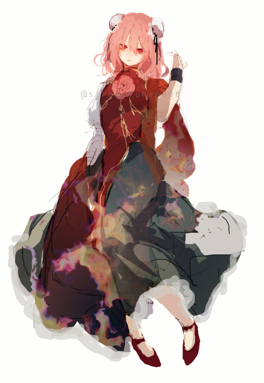 1girl absurdres bandaged_arm bandages bun_cover chinese_clothes cuffs double_bun flats flower full_body green_skirt hair_between_eyes hair_bun highres ibaraki_kasen kn001215 looking_at_viewer parted_lips pink_flower pink_hair red_eyes red_footwear rose shirt short_sleeves simple_background sketch skirt solo tabard touhou twitter_username watermark white_background