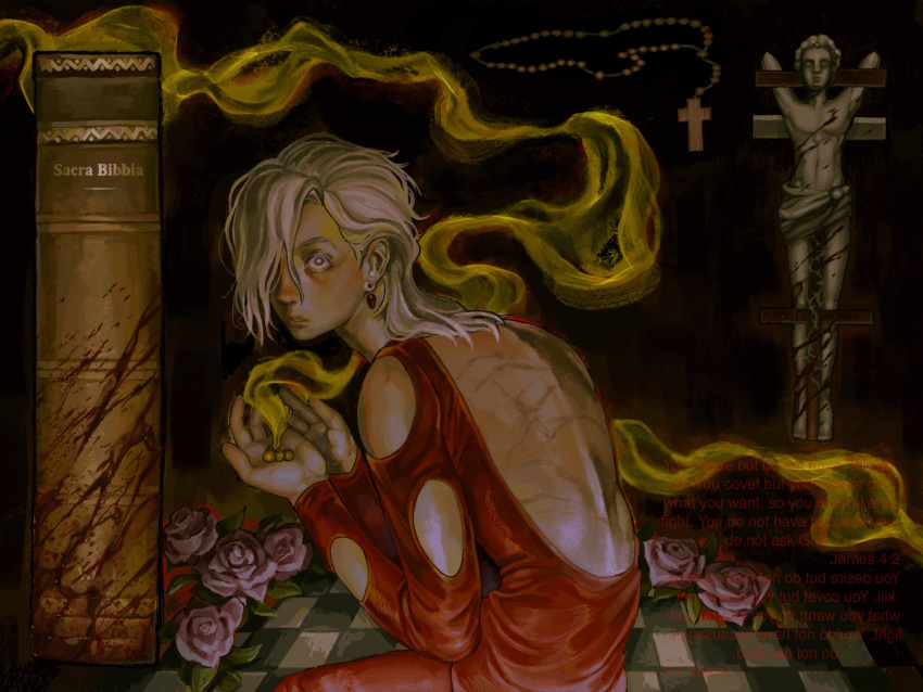 1boy backless_outfit bible_(object) blonde_hair blood checkered_floor cross cross_necklace dark english_text flower gloobiiw hands_up hashtag-only_commentary highres holding indoors jewelry jojo_no_kimyou_na_bouken long_hair long_sleeves looking_at_viewer male_focus necklace pannacotta_fugo parted_lips pink_eyes pink_flower pink_rose rose scar scar_on_back solo statue upper_body vento_aureo