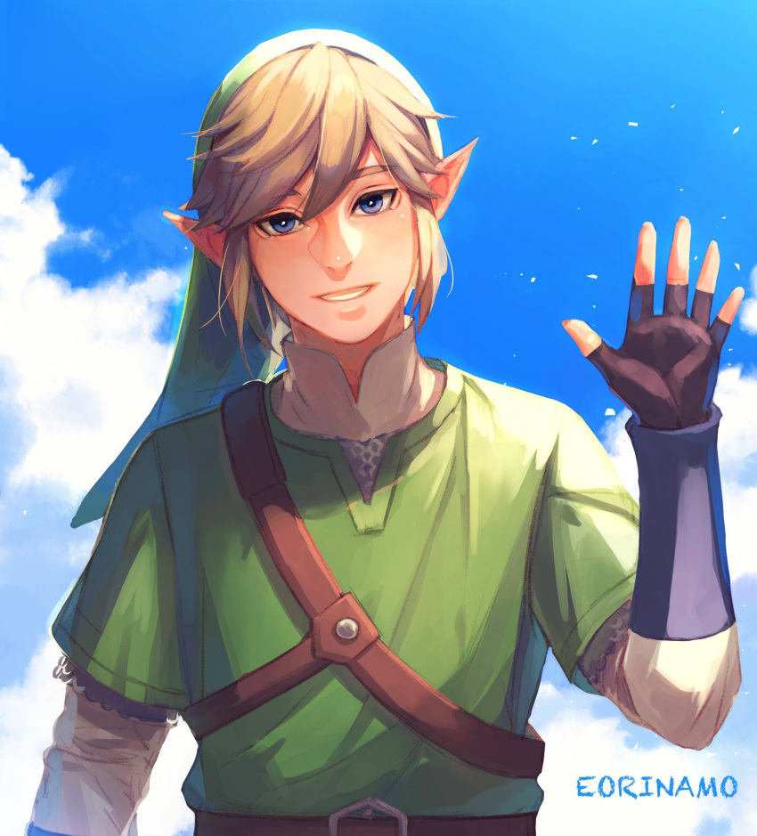 1boy armor artist_name black_gloves blonde_hair blue_sky chainmail clouds cloudy_sky collared_shirt eorinamo fingerless_gloves gloves green_hat green_tunic hair_between_eyes hand_up highres link long_sleeves looking_at_viewer male_focus parted_lips pointy_ears pointy_hat shirt short_hair sky smile solo the_legend_of_zelda the_legend_of_zelda:_skyward_sword upper_body waving white_shirt