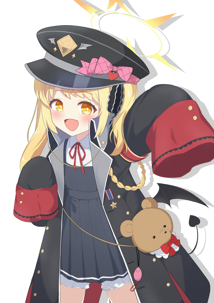 1girl :d absurdres arm_up black_hat black_jacket black_skirt black_vest blonde_hair bloomers blue_archive blush bow braid demon_tail demon_wings fang hair_ornament halo hat hat_ornament heart heart_hat_ornament highres ibuki_(blue_archive) jacket medal medium_hair military_hat military_jacket neck_ribbon nisan_ga6 open_clothes open_jacket open_mouth pink_bow red_ribbon ribbon shirt sidelocks skirt smile stuffed_animal stuffed_toy tail vest white_bloomers white_shirt wings yellow_eyes yellow_halo