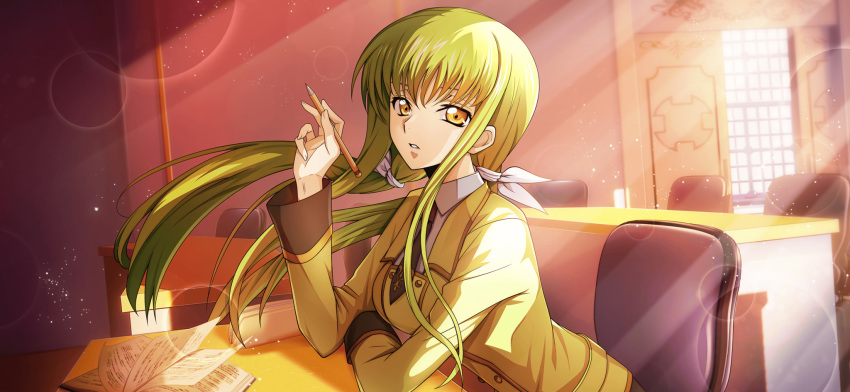 1girl artist_request belt black_necktie blurry bokeh book breasts buttons c.c. code_geass code_geass:_lost_stories collared_shirt depth_of_field double-breasted floating_hair game_cg green_hair hair_ribbon hand_up highres holding holding_pencil indoors jacket leaning_forward light_particles light_rays long_hair long_sleeves looking_at_viewer medium_breasts necktie non-web_source official_art on_chair open_book parted_lips pencil pencil_case ribbon school_uniform shirt sidelocks sitting solo table teeth twintails white_ribbon white_shirt window yellow_eyes yellow_jacket