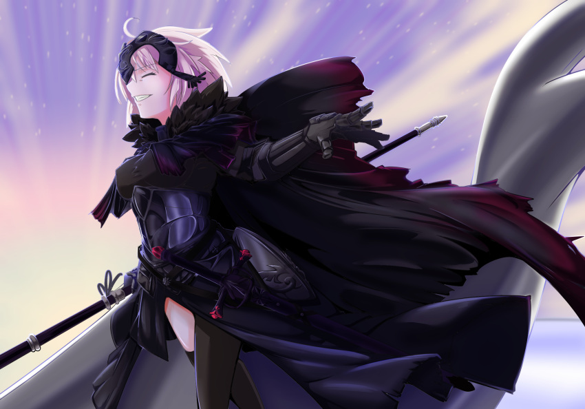 1girl ahoge armor armored_dress banner breasts cape chain fate/grand_order fate_(series) faulds flag fur-trimmed_cape fur_trim gauntlets gloves grey_hair headpiece highres holding holding_flag jeanne_d'arc_(fate) jeanne_d'arc_alter_(avenger)_(fate) jeanne_d'arc_alter_(fate) open_mouth plackart short_hair smile solo standard_bearer thigh-highs