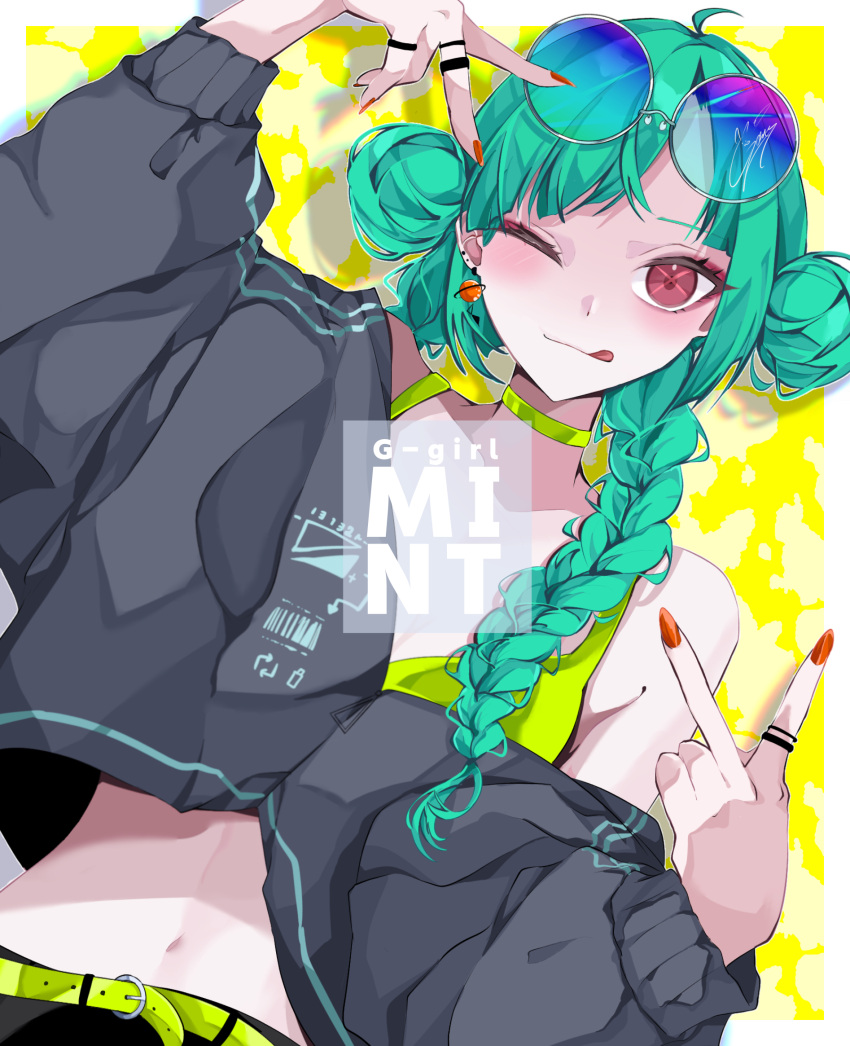 1girl belt braid earrings eyewear_on_head fingernails goma_irasuto green_belt green_hair highres jewelry low_twintails nail_polish one_eye_closed original red_eyes ring stomach sunglasses tongue tongue_out twin_braids twintails