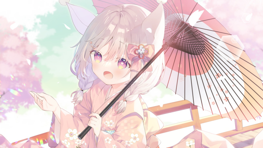 1girl :d animal_ears bow braid brown_hair commentary_request commission floral_print hair_between_eyes hair_bow hair_ornament hair_over_shoulder hairclip holding holding_umbrella japanese_clothes kimono long_hair long_sleeves looking_at_viewer low_twintails obi oil-paper_umbrella original petals pink_bow pink_kimono print_kimono sash skeb_commission smile solo star-shaped_pupils star_(symbol) symbol-shaped_pupils twin_braids twintails umbrella violet_eyes wide_sleeves yuizaki_kazuya