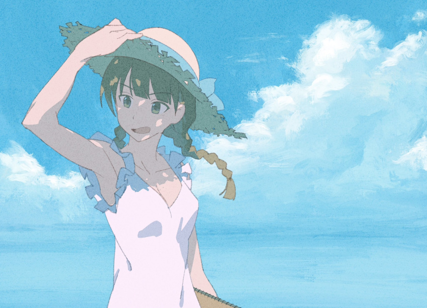 1girl 7ife blue_sky braid breasts brown_eyes brown_hair clouds day dress hat highres looking_to_the_side open_mouth original outdoors sketchbook sky small_breasts solo straw_hat twin_braids upper_body white_dress