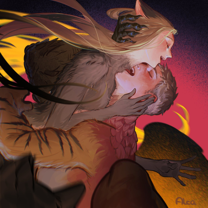 1boy 1girl animal_ears biting black_stripes blonde_hair chimera claws closed_eyes commentary dungeon_meshi fangs feathered_wings feathers floating_hair gradient_background grey_fur hand_on_another's_head highres hug laios_thorden laios_thorden_(chimera) long_hair lorein marcille_donato_(scylla) monster_boy monster_girl neck_biting open_mouth orange_fur scylla short_hair signature simple_background spoilers succubus_(dungeon_meshi) wings wolf_ears