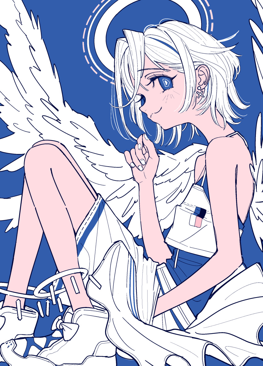 1girl :3 absurdres angel_wings bare_shoulders camisole cross cross_earrings earrings feathered_wings from_side highres jewelry kaneni knees_up limited_palette looking_to_the_side original shirt shoes short_hair sneakers solo spaghetti_strap spread_wings white_wings wings