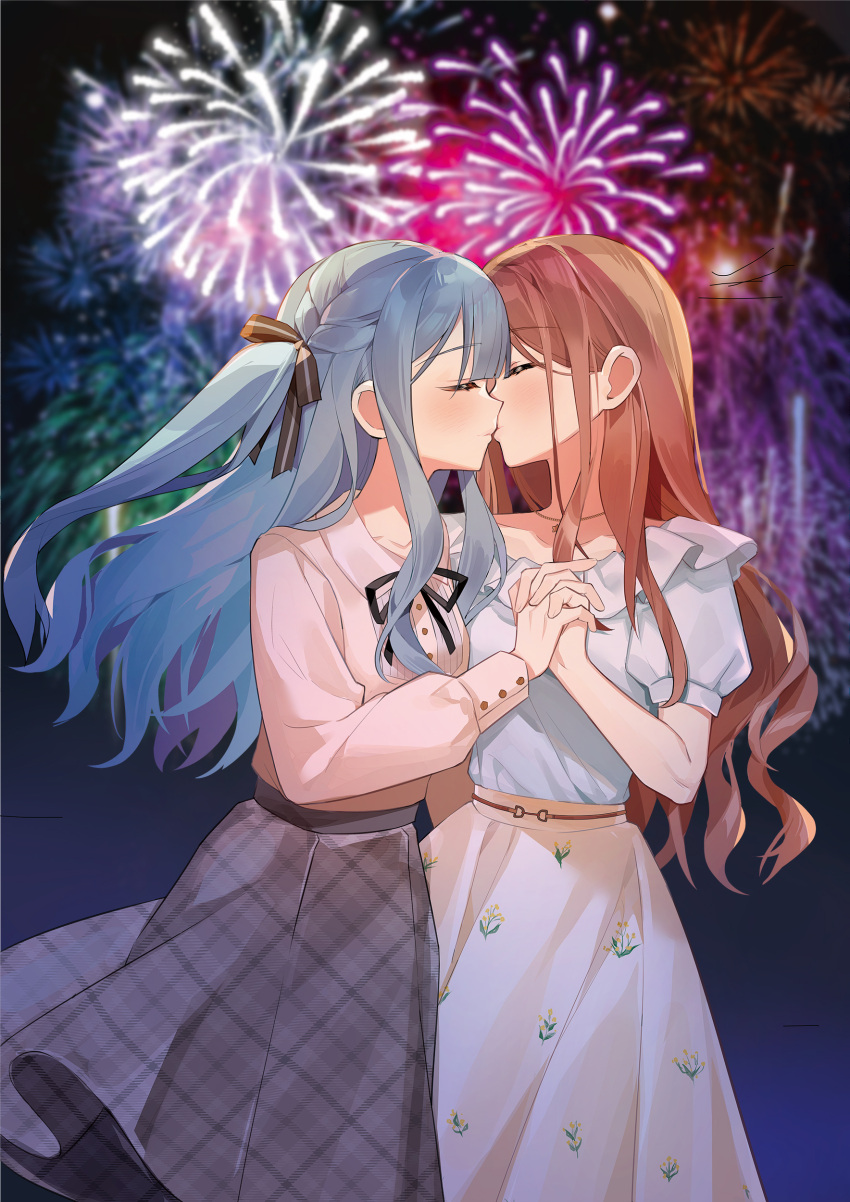 2girls absurdres aerial_fireworks bang_dream! bang_dream!_it's_mygo!!!!! black_ribbon blue_hair brown_hair chinese_commentary closed_eyes commentary_request commission fireworks frilled_shirt frills grey_skirt hair_ribbon highres holding_hands interlocked_fingers kiss long_hair long_sleeves multiple_girls nagasaki_soyo night outdoors pink_shirt ribbon second-party_source shirt shirt_tucked_in skirt togawa_sakiko two_side_up white_shirt white_skirt yuri yuuzi