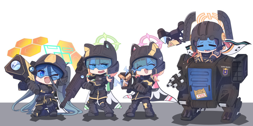 4girls absurdres animal_ears aris_(blue_archive) armor black_hair blonde_hair blue_archive blue_eyes cape closed_eyes english_text fake_animal_ears gun hair_between_eyes halo helldivers_(series) helmet hexaa highres holding holding_weapon long_hair mecha midori_(blue_archive) momoi_(blue_archive) multiple_girls redhead robot short_hair siblings sisters twins very_long_hair weapon yuzu_(blue_archive)