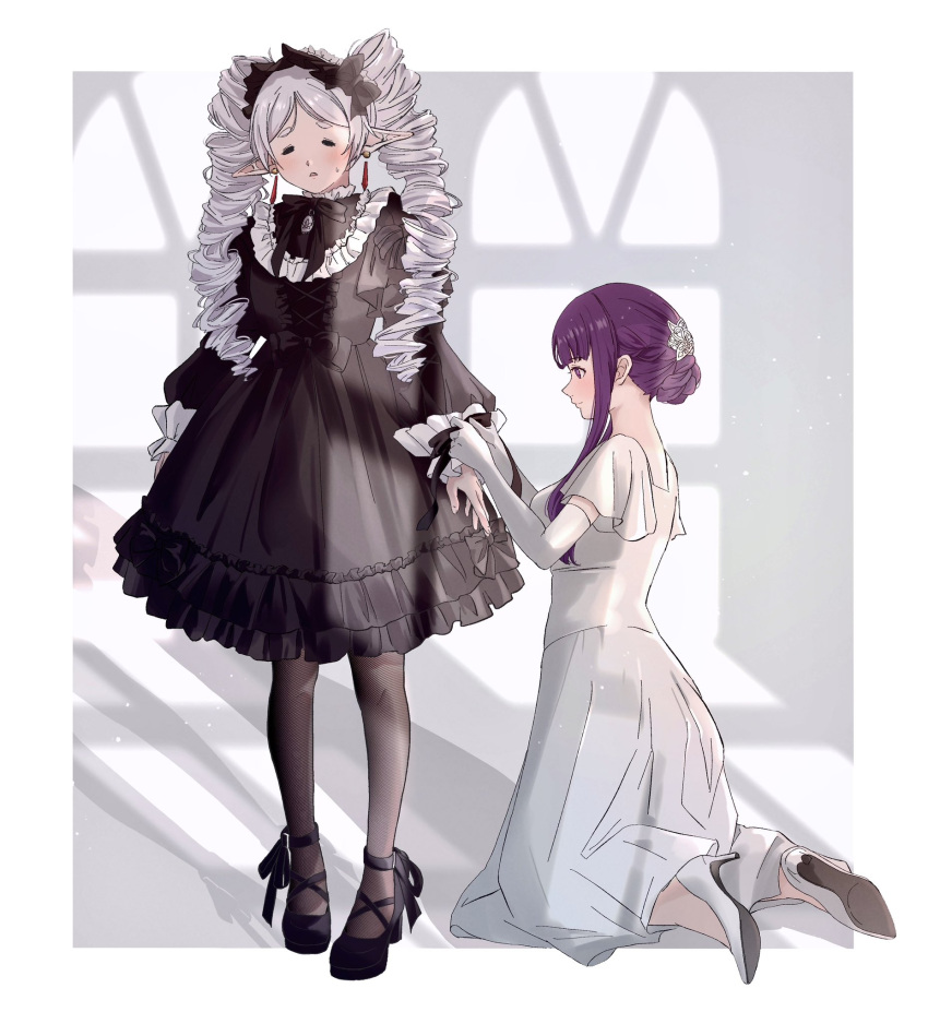 2girls =_= adjusting_another's_clothes alternate_costume alternate_hairstyle black_dress black_pantyhose bonnet boots border commentary_request cross-laced_footwear dangle_earrings dress drill_hair earrings elbow_gloves elf fern_(sousou_no_frieren) formal frieren frilled_dress frills full_body gloves gothic_lolita hair_up high_heels highres jewelry kneeling lace-up_boots lolita_fashion multiple_girls omichi_1219 pantyhose parted_lips pointy_ears profile purple_hair sidelocks smile sousou_no_frieren stiletto_heels twin_drills violet_eyes white_border white_dress white_footwear white_gloves