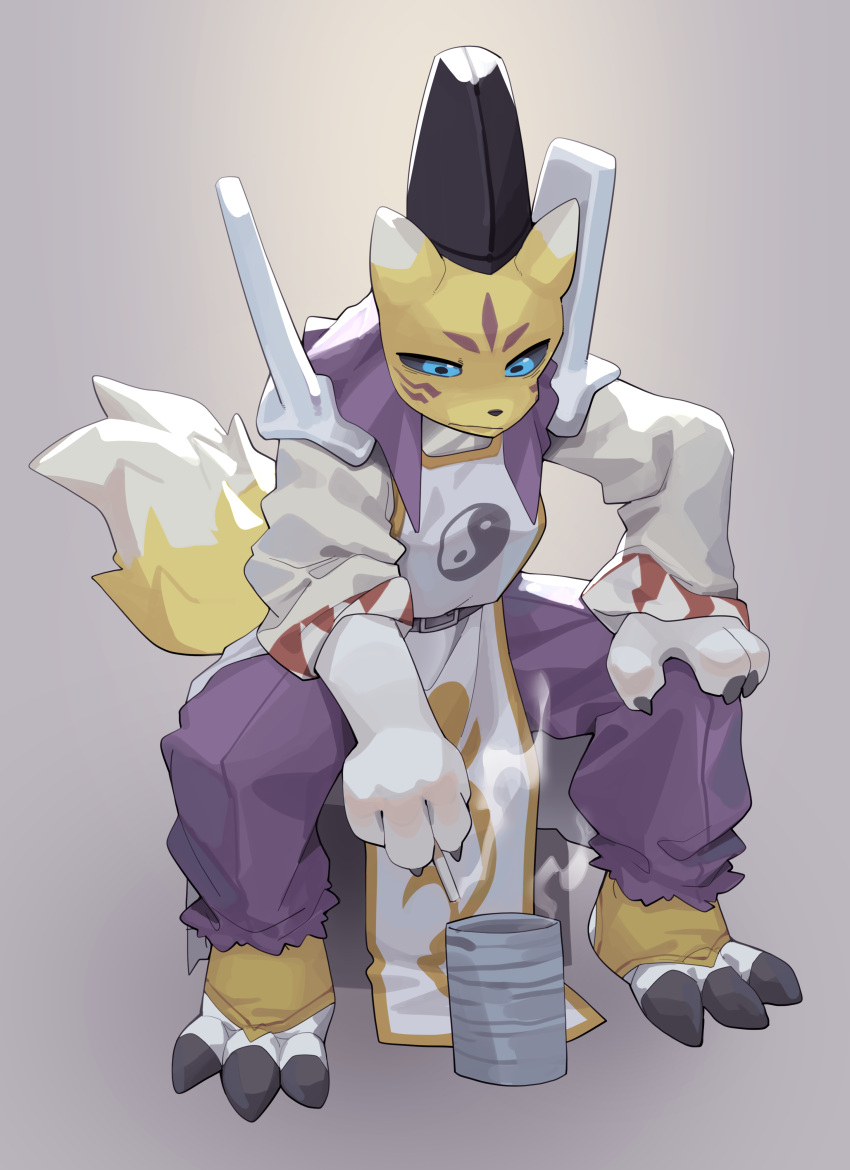 absurdres black_hat black_sclera blue_eyes chkch11 cigarette colored_sclera cup digimon digimon_(creature) fox_tail full_body grey_background hand_on_own_thigh hat highres holding holding_cigarette onmyouji pants purple_pants sitting solo tail taomon tate_eboshi yin_yang
