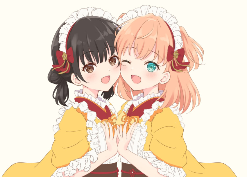 2girls :d ;d apron aqua_eyes black_hair blush brown_eyes brown_sash cheek-to-cheek crossed_bangs double_bun frilled_apron frilled_kimono frills grey_background hair_bun heads_together hinoshita_kaho japanese_clothes kimono link!_like!_love_live! looking_at_viewer love_live! low_twintails maid maid_apron maid_headdress medium_hair multiple_girls nirei_nozomi obi one_eye_closed open_mouth orange_hair real_life sash short_sleeves smile twintails two_side_up unfinished upper_body virtual_youtuber voice_actor voice_actor_connection wa_maid white_apron yellow_kimono yutuki_ame