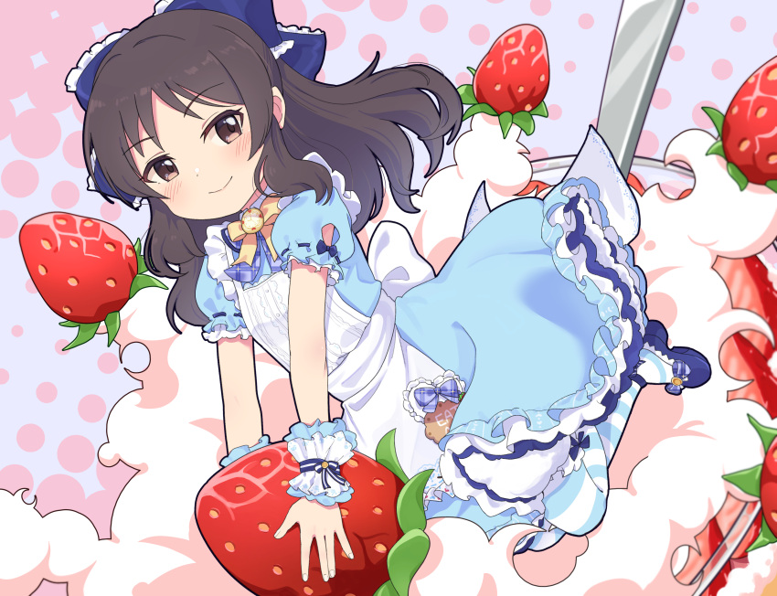 1girl absurdres alice_(alice_in_wonderland) alice_(alice_in_wonderland)_(cosplay) apron blue_background blue_bow blue_dress blue_footwear blue_ribbon blue_thighhighs blush bow bowtie breasts brooch brown_hair commentary cosplay cup dress dress_bow drinking_glass english_commentary english_text food footwear_bow frilled_dress frills from_side fruit gradient_background hair_bow hair_ribbon halftone halftone_background highres holding holding_food idolmaster idolmaster_cinderella_girls jewelry kneeling long_hair looking_at_viewer looking_to_the_side making-of_available mary_janes merlt mini_person minigirl mixed-language_commentary paid_reward_available parfait petticoat pink_background puffy_short_sleeves puffy_sleeves ribbon shoes short_sleeves sign small_breasts solo spoon strawberry striped_clothes striped_thighhighs tachibana_arisu thigh-highs two-tone_background whipped_cream white_apron white_thighhighs yellow_bow yellow_bowtie