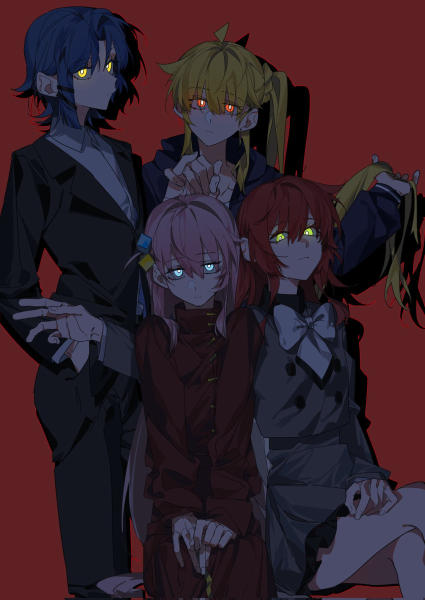 4girls ahoge arm_around_shoulder asymmetrical_hair black_jacket black_pants black_suit blonde_hair blue_eyes blue_hair blue_jacket bocchi_the_rock! bow bowtie bright_pupils closed_mouth collared_shirt commentary corrupted_twitter_file crossed_legs cube_hair_ornament dress earrings frown glowing glowing_eyes gotoh_hitori green_eyes grey_shirt grey_skirt hair_ornament hand_in_own_hair hand_in_pocket hand_on_lap highres holding_hands ijichi_nijika jacket jewelry kita_ikuyo long_hair long_sleeves looking_at_viewer molu_stranger multiple_girls pants pink_hair pleated_skirt red_background red_dress red_eyes redhead shadow shirt short_hair side_ponytail simple_background sitting skirt stud_earrings suit suit_jacket very_long_hair white_bow white_bowtie white_pupils white_shirt white_skirt yamada_ryo yellow_eyes