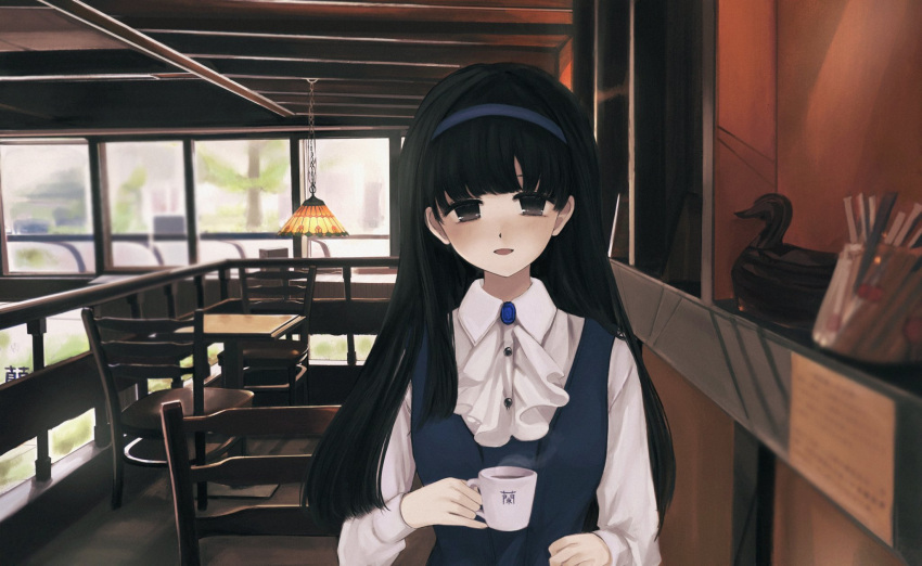1girl :d ascot black_eyes black_hair blue_dress blue_hairband blush carving ceiling_light collared_shirt cup dress drink hairband highres holding holding_drink loft_(architecture) long_hair looking_at_viewer mug open_mouth original railing reguai623 shelf shirt sleeveless sleeveless_dress smile solo steam straight-on straight_hair table upper_body white_ascot white_shirt window wooden_chair wooden_table