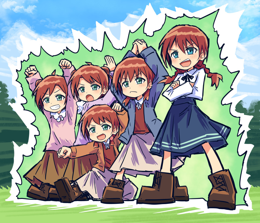 5girls :d :o ahoge aura bad_id bad_twitter_id blue_eyes blue_skirt boots braid brown_footwear brown_hair brown_skirt brown_sweater_vest bullfalk closed_mouth collared_shirt commentary_request crossed_arms double_bun emma_verde emma_verde's_siblings freckles frown grey_skirt grin hair_bun highres long_hair love_live! love_live!_nijigasaki_high_school_idol_club low_twin_braids low_twintails medium_hair medium_skirt multiple_girls neck_ribbon open_mouth pink_sweater purple_sweater ribbon shirt siblings sisters skirt smile standing sweater sweater_vest twin_braids twintails v-shaped_eyebrows white_shirt