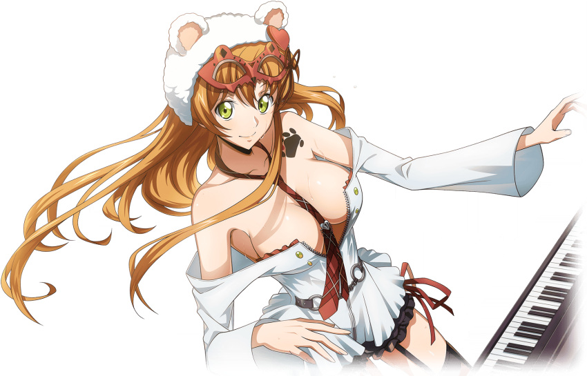 1girl animal_ear_headwear animal_ears arm_up artist_request bare_shoulders bear_ears black_shorts black_thighhighs breasts chain closed_mouth code_geass code_geass:_lost_stories collarbone cowboy_shot dress fake_animal_ears floating_hair frilled_shorts frills game_cg garter_straps green_eyes hand_up happy hat hat_ornament heart heart-shaped_lock highres instrument keyboard_(instrument) large_breasts long_hair long_sleeves looking_at_viewer mask mask_on_head masquerade_mask music necktie no_bra non-web_source o-ring off-shoulder_dress off_shoulder official_art orange_hair paw_print plaid_necktie playing_instrument red_necktie shirley_fenette short_dress short_shorts shorts shorts_under_dress shoulder_tattoo side-tie_shorts sidelocks simple_background smile solo standing sweat tattoo thigh-highs transparent_background white_dress white_hat wide_sleeves zipper