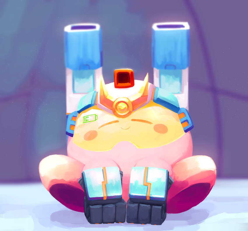 absurdres battery battery_indicator charging_device closed_eyes closed_mouth copy_ability deleca7755 energy grey_background highres kirby kirby's_return_to_dream_land_deluxe kirby_(series) mecha_kirby no_humans pixiv_id pixiv_username relaxing shadow sitting sleeping smile solo white_background