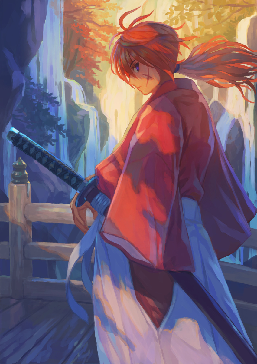 1boy absurdres bridge closed_mouth commentary_request cross_scar from_side hakama hakama_pants highres himura_kenshin japanese_clothes katana kimono leaf long_hair long_sleeves looking_at_viewer low_ponytail maple_leaf naritate_zombie outdoors pants profile red_kimono redhead rurouni_kenshin scar scar_on_cheek scar_on_face sheath sheathed solo sword violet_eyes weapon white_hakama wide_sleeves
