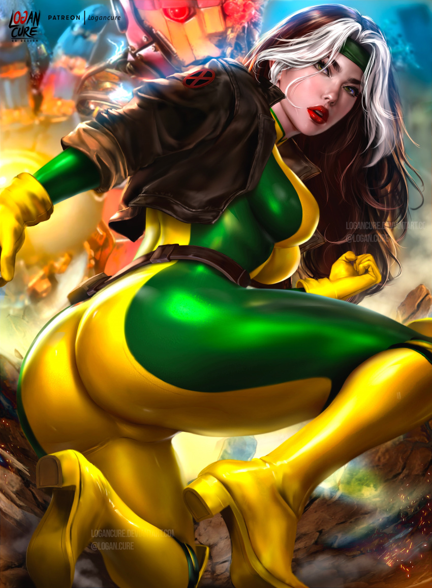 1girl absurdres bodysuit dyed_bangs gloves green_bodysuit green_headband headband highres jacket leather leather_jacket lipstick logan_cure makeup marvel multicolored_bodysuit multicolored_clothes multicolored_hair robot rogue_(x-men) sentinel_(x-men) superhero_costume two-tone_hair x-men x-men:_the_animated_series yellow_bodysuit yellow_gloves