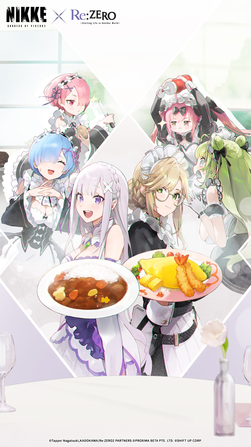 6+girls :&lt; ade_(nikke) apron arms_up artist_request black_dress blue_hair bottled_plant brown_hair carrot closed_eyes closed_mouth cocoa_(nikke) commentary copyright_name cropped curry curry_rice dress emilia_(re:zero) english_commentary false_smile food gloves goddess_of_victory:_nikke green_eyes green_hair hair_over_one_eye highres holding holding_plate indoors ketchup long_hair long_sleeves looking_at_viewer maid maid_apron maid_headdress medium_hair multiple_girls omelet omurice open_mouth own_hands_together pink_eyes pink_hair plate potato ram_(re:zero) re:zero_kara_hajimeru_isekai_seikatsu rem_(re:zero) rice second-party_source shrimp shrimp_tempura smile soda_(nikke) sparkle sweatdrop table tempura violet_eyes white_dress white_gloves white_hair worried