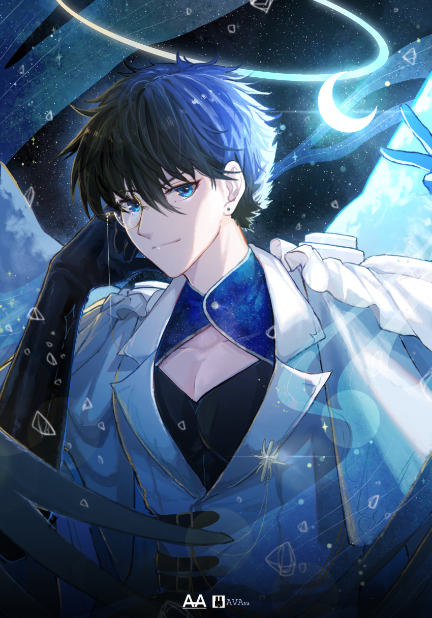 1boy absurdres avatra blue_eyes brown_hair cape collared_shirt crescent_moon formal hair_between_eyes highres kaitou_kid kuroba_kaito long_sleeves looking_at_viewer magic_kaito male_focus meitantei_conan monocle monocle_chain moon night shirt short_hair sky smile solo star_(sky) star_(symbol) starry_sky suit white_cape white_suit