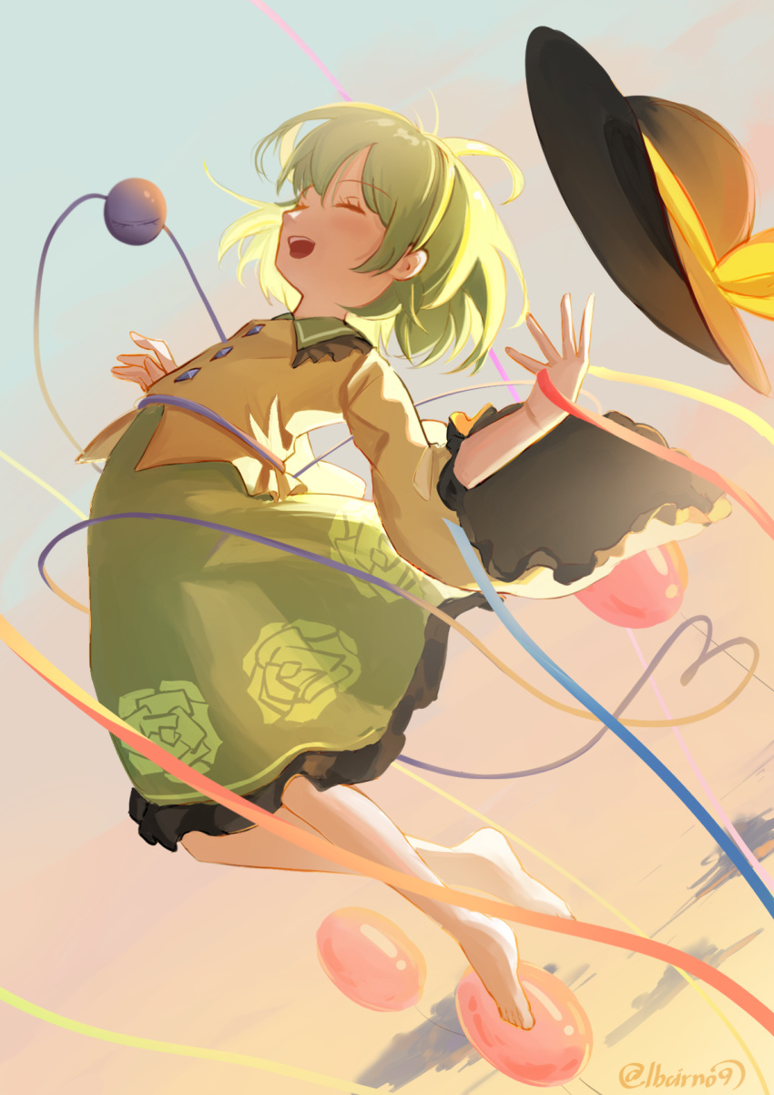 1girl :d ^_^ backlighting balloon barefoot black_hat buttons closed_eyes commentary_request diamond_button dusk floating_clothes floating_hair floral_print frilled_shirt_collar frilled_skirt frilled_sleeves frills full_body green_hair green_skirt hair_between_eyes hands_up happy hat heart heart_of_string highres jumping koishi_day komeiji_koishi lbcirno9 long_sleeves medium_hair midair open_mouth outdoors rose_print shirt skirt smile solo teeth third_eye touhou twitter_username unworn_hat unworn_headwear upper_teeth_only wide_sleeves yellow_shirt