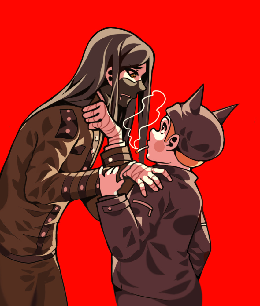 2boys art_trade bandaged_hand bandages beanie black_eyes black_hair black_hat black_jacket black_mask black_sleeves blush_stickers buttons chromatic_aberration cigarette commentary covered_mouth cowboy_shot danganronpa_(series) danganronpa_v3:_killing_harmony english_commentary eryomich eye_black face-to-face gakuran green_eyes green_jacket green_pants green_sleeves hand_on_another's_shoulder hand_on_own_neck hat height_difference high_collar highres holding holding_another's_wrist holding_cigarette horned_hat hoshi_ryoma jacket layered_sleeves leather leather_jacket long_hair long_sleeves male_focus mask medibang_paint_(medium) mouth_hold mouth_mask multiple_boys no_headwear orange_hair pants red_background school_uniform shinguji_korekiyo short_hair simple_background smoke smoking straight_hair zipper zipper_pull_tab