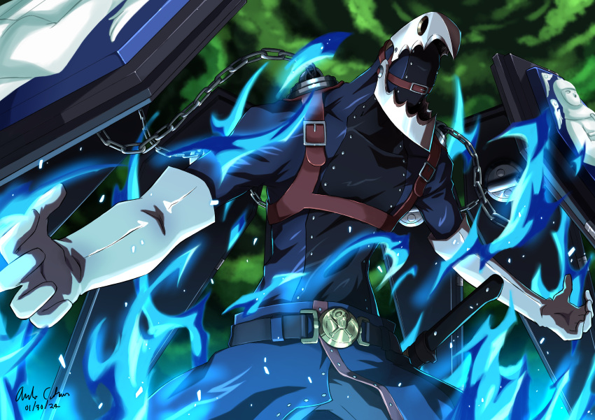 absurdres belt belt_buckle black_coat blue_fire buckle chain clouds cloudy_sky coat coffin commentary dated elbow_gloves english_commentary fire gloves green_sky highres holster innovator123 night night_sky no_humans open_hands persona persona_(summon) persona_3 shoulder_holster shoulder_pads signature sky sword thanatos_(persona) upper_body weapon white_gloves