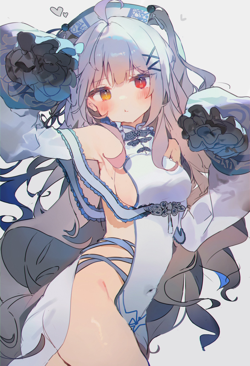 1girl absurdres ahoge arm_up blush breasts china_dress chinese_clothes closed_mouth commission covered_navel cowboy_shot detached_sleeves dress frilled_sleeves frills grey_background grey_hair hagoromo hair_ornament heart heterochromia highres long_hair looking_at_viewer medium_breasts o_(jshn3457) original pelvic_curtain red_eyes shawl side-tie_dress sideboob simple_background skeb_commission sleeve_cuffs solo thighs white_dress x_hair_ornament yellow_eyes